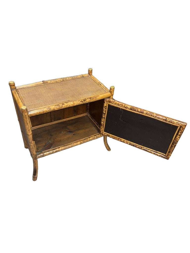 Victorian Chinoiserie Tiger Bamboo Nightstand with Hand-Painted Lacquer Front