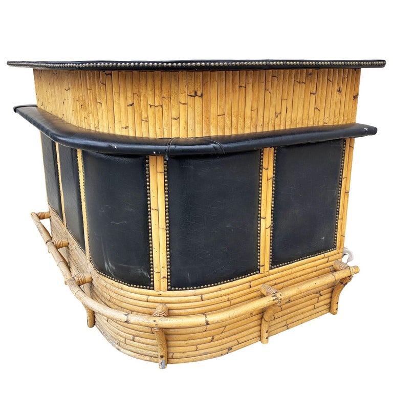 Restored Stacked Front Stacked L Shaped Rattan Bar w/ Nailhead Naugahyde Top
