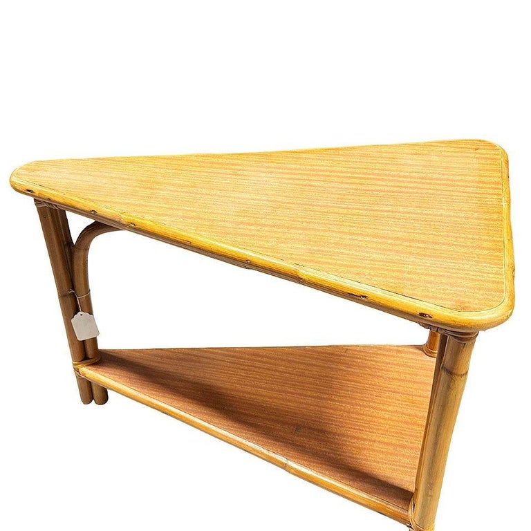 Restored MCM Rattan & Formica Skinny Arch 3-Strand Wedge Side Table w/ 2-Tiers