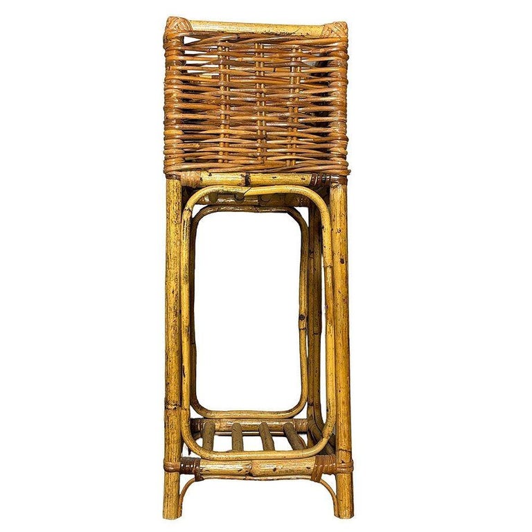 Mid Century Cubed Woven Rattan Pedestal Plant Stand
