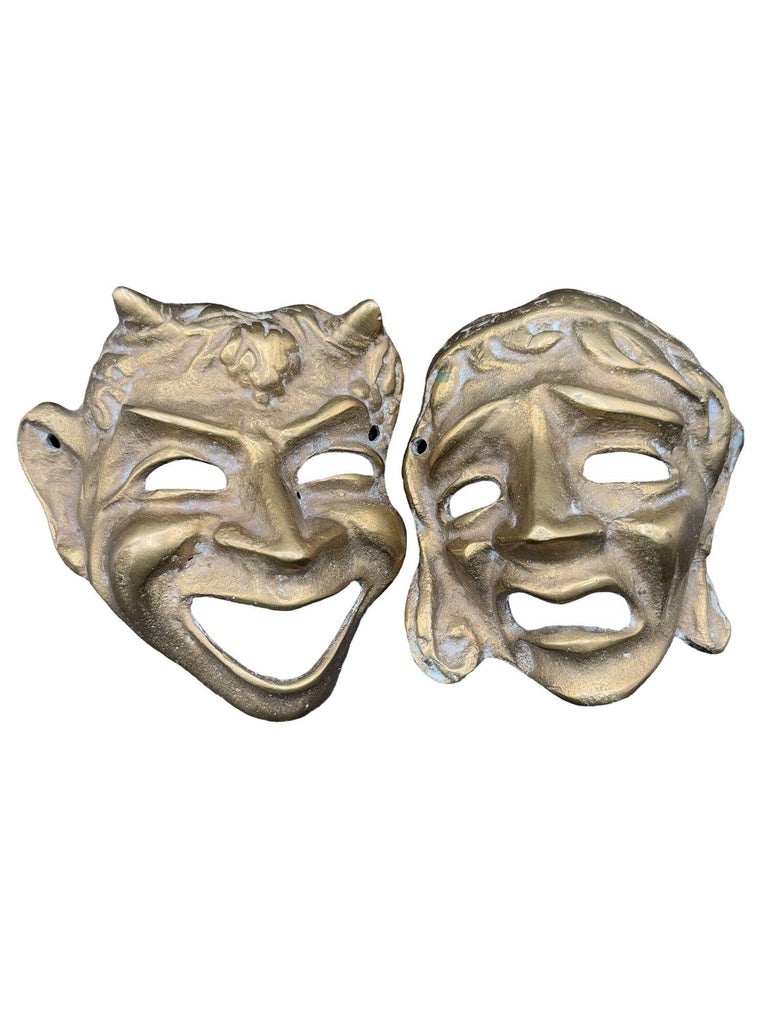 MCM Greek Theater Masks Comedy & Tragedy Wall Sculpture Hand-cast in Bronze Pair