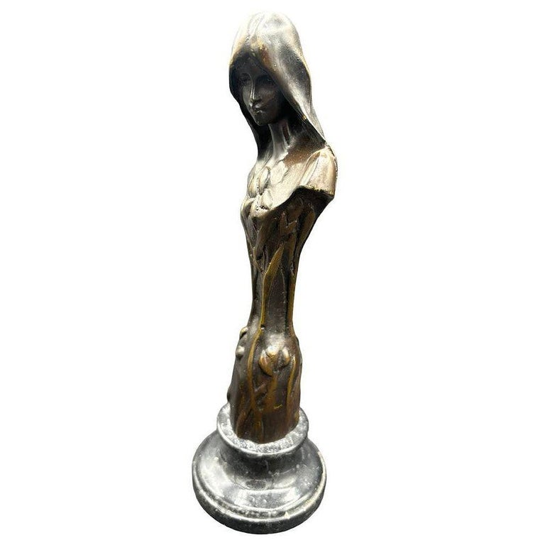 Emmanuel Villanis Style Art Nouveau French Virgin Mary Sculpture w/ Marble Base