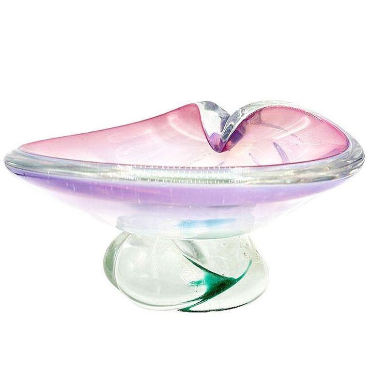 Mid-Century Murano Peacock Art Glass Pedestal Ashtray w/ Pink Pastel Swirl