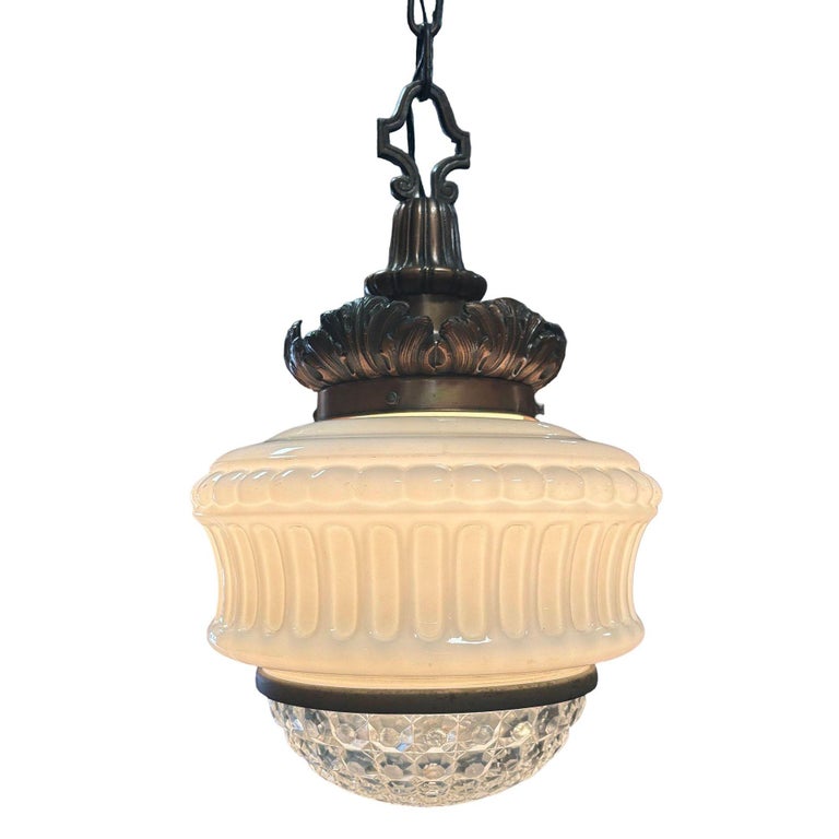 Art Deco Copper Acanthus Leaf Pendant Light w/ Crystal & Milk Glass Acorn Shade