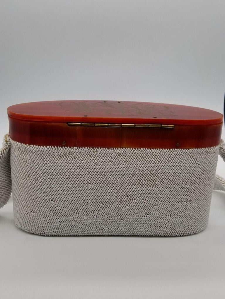 White Caviar Bead Box Purse w Tortoiseshell Celluloid Lid and Long Strap, 1950s