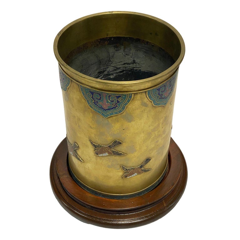 Chinese Floral Bronze Cloisonne Enamel Cylinder Vase w/ Wood Base