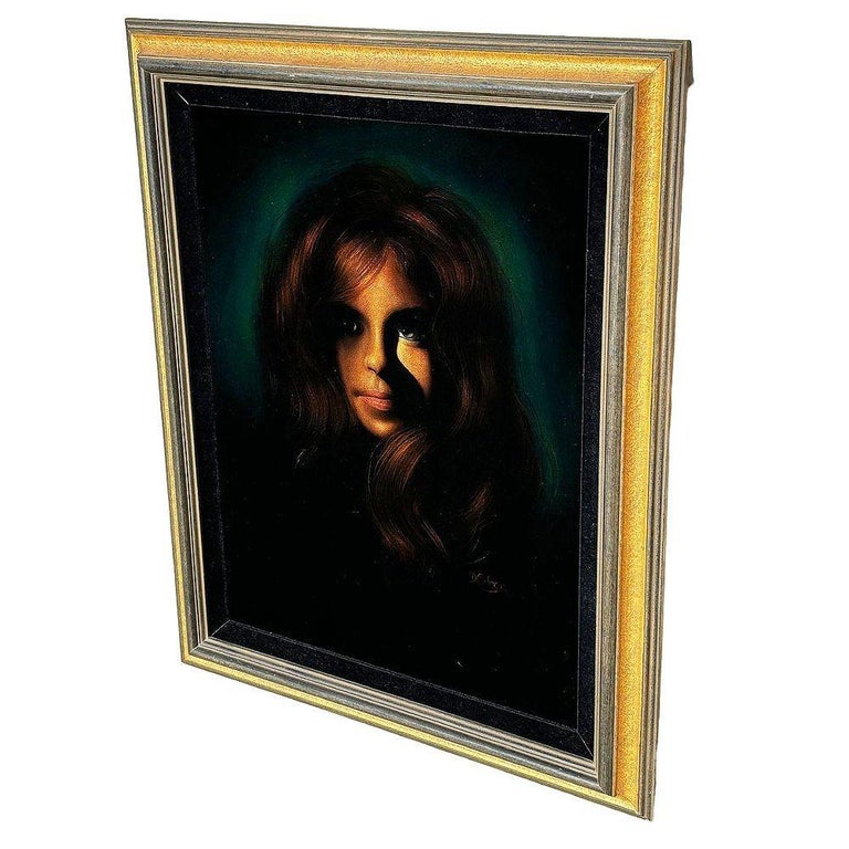 Framed Mid-century Hand Painted Oil on Velvet Female Portrait, Signed Cohen