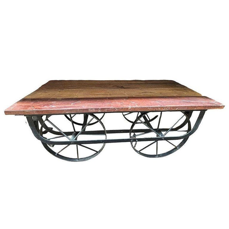 Industrial Iron & Wood Railroad Style Rolling Trolly Cart Coffee Table
