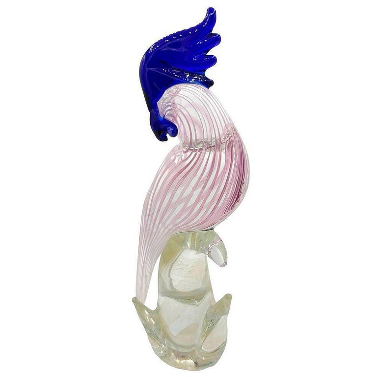 Mid-century Murano Gold Fleck Multicolored Art Glass Cockatoo Scultpure