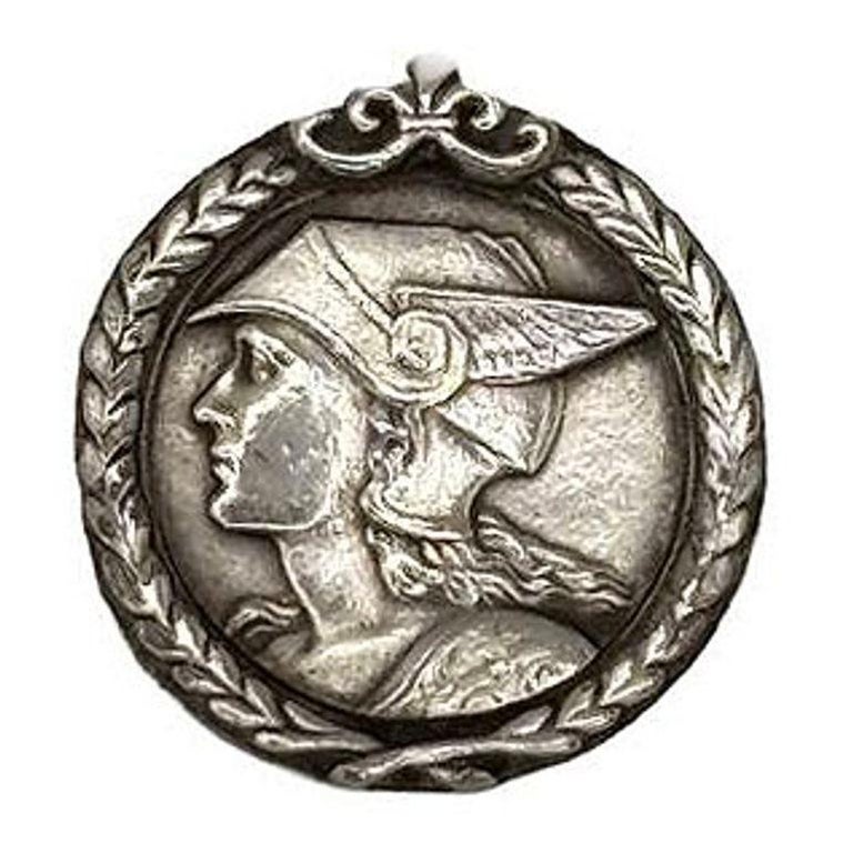 French Pewter Art Deco Medallion Struck with the Face of Mercury Pedant Pin