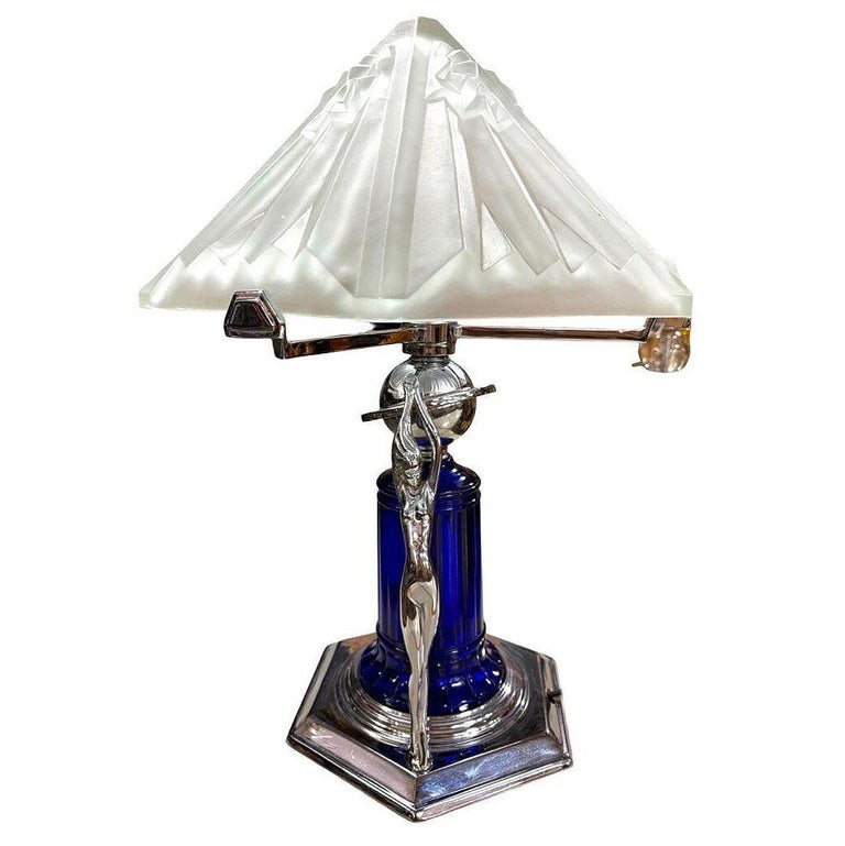Frankart Era Art Deco Style Chrome & Cobalt Figural Lamp w/ Vivian Glass Shade