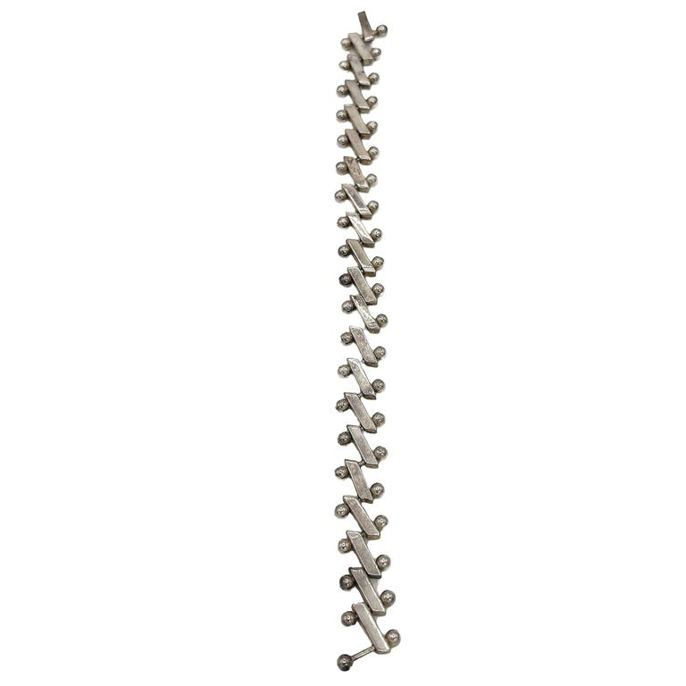 Mid-Century Heavy 925 Sterling Silver "Zig-Zag" Nuts Balls Links Bar Bracelet
