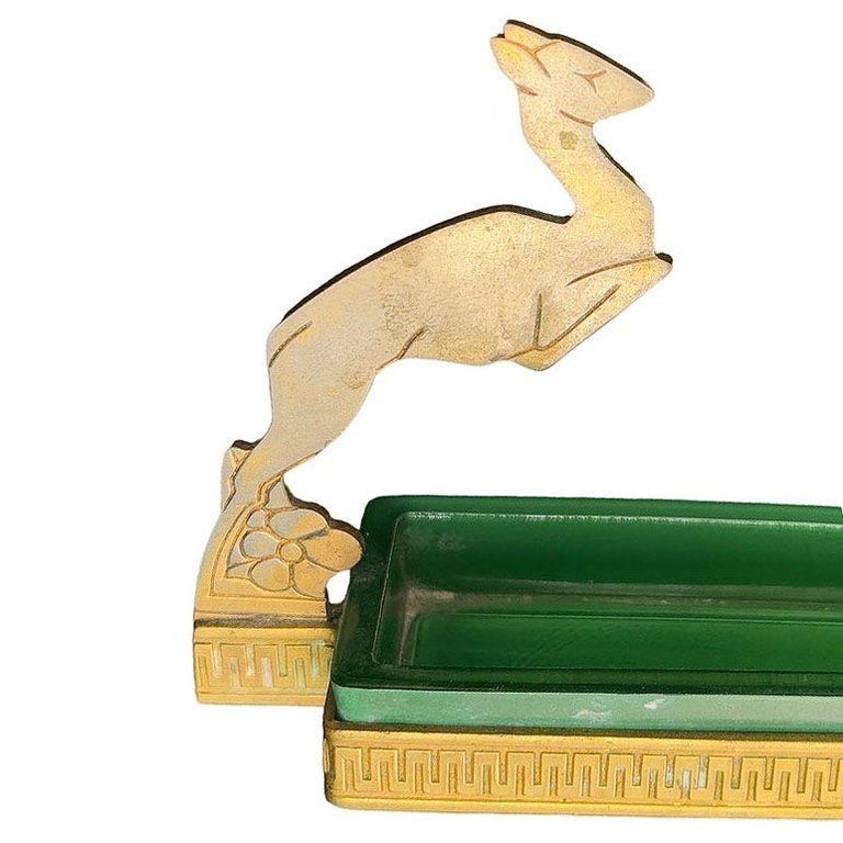 Art Deco Brass & Green Glass Leaping Gazelle Ring Tray