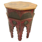 Hand Painted Moroccan Hexagon Wooden Boho Side Table w/ Brass Inlays