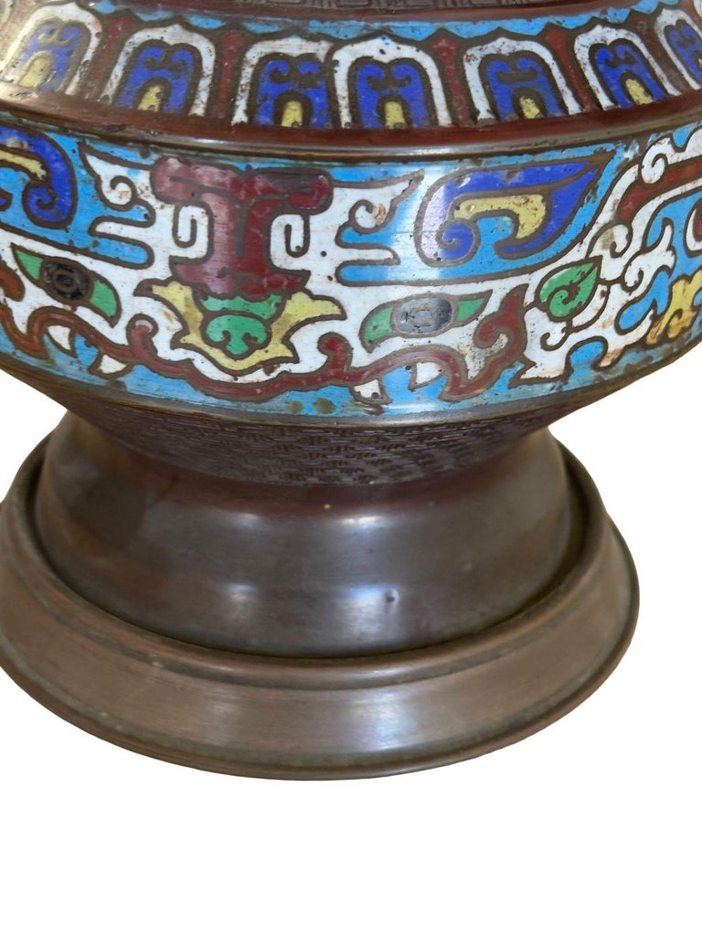 1910 Meiji Period Japanese Cloisonné Lamp with Wrought Iron and Enamel Shade