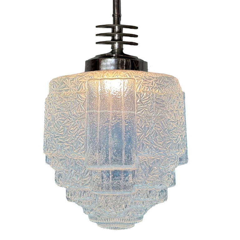 Art Deco Chrome Streamline Pendant Light w/ Skyscraper Cobalt Blue Glass Shade