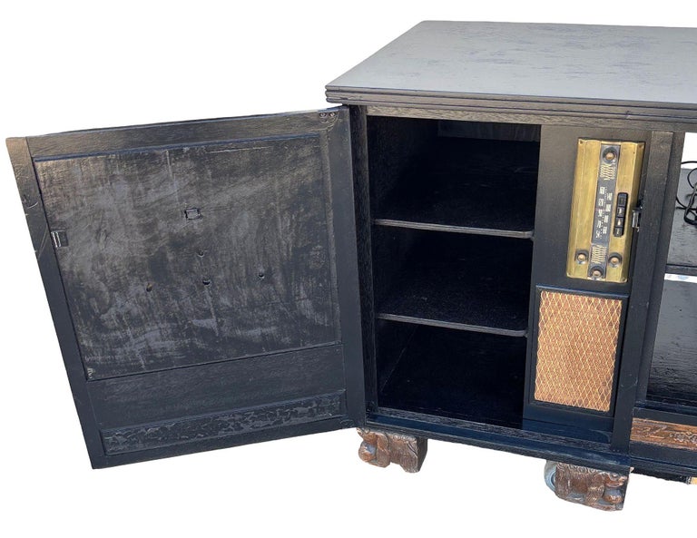 Mid-century James Mont Style Carved Media Credenza Stereo Cabinet