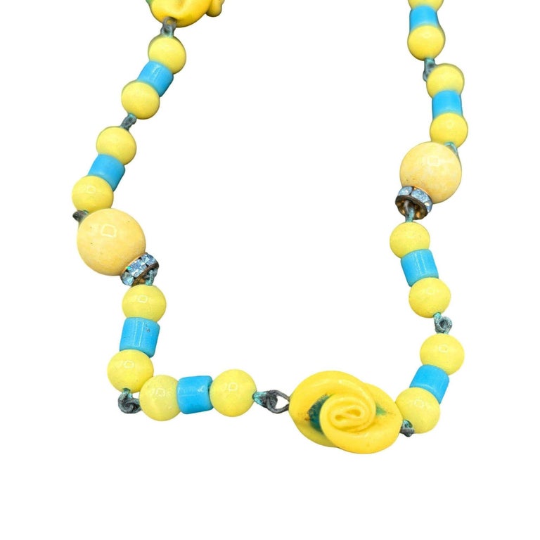 Czechoslovakian Art Deco Yellow White & Blue Bohemian Art Glass Bead Necklace
