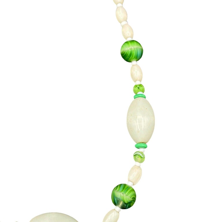 Czech Bohemian Green/White Lamp Art Glass w/Mop Shell Bead Necklace