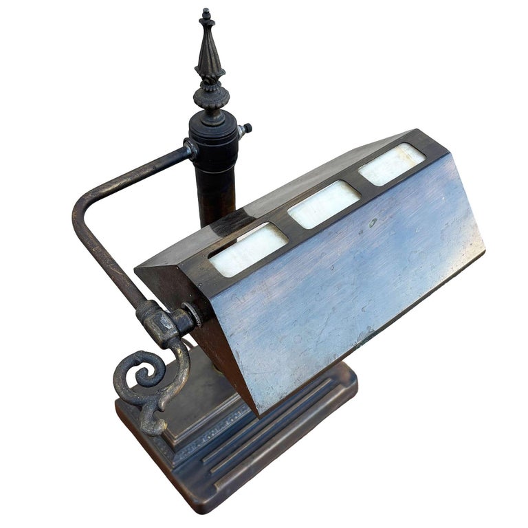Arts & Crafts Mission Bronze Wash Brass Desk Lamp w/ Clerestory Glass Insets