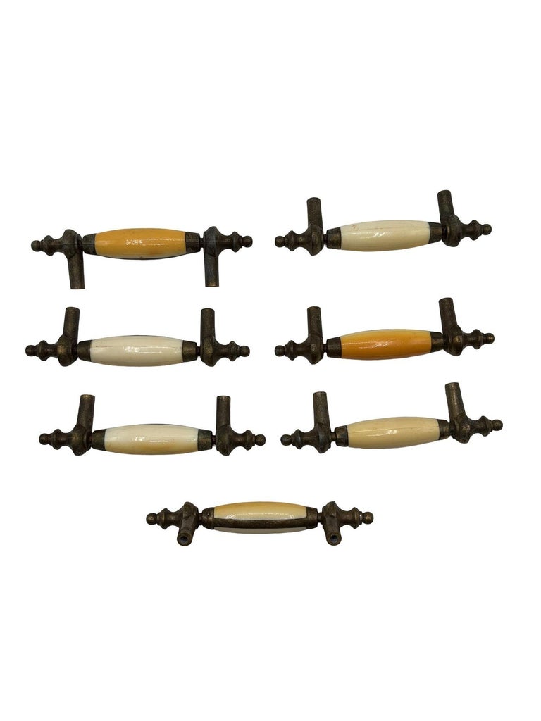 5" Patinaed Brass & Porcelain Drawer Pull Handle w/ Steeple Tips , Set of 29
