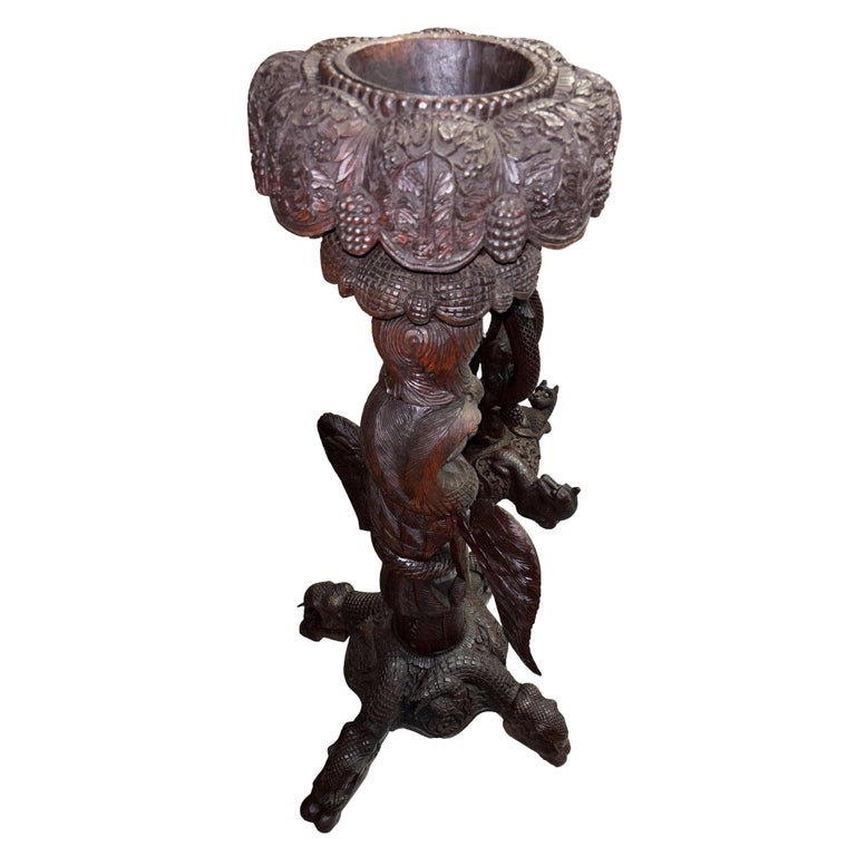 19th Century Anglo Indian Carved Bird & Serpent Wooden Blackwood Plant Stand