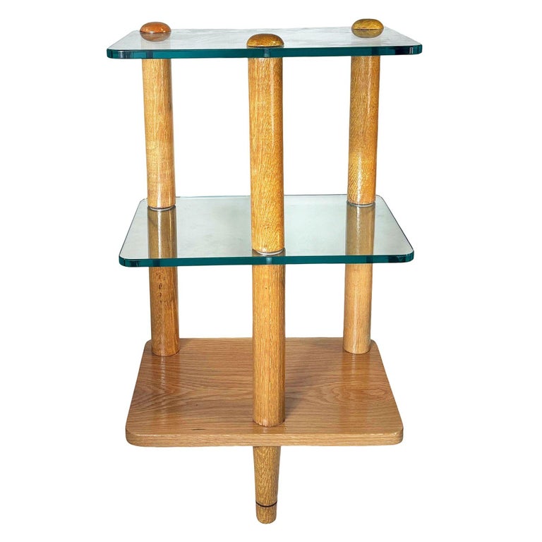 MCM Floating Glass & Walnut 28" Tall Side Table Attributed to Gilbert Rohde