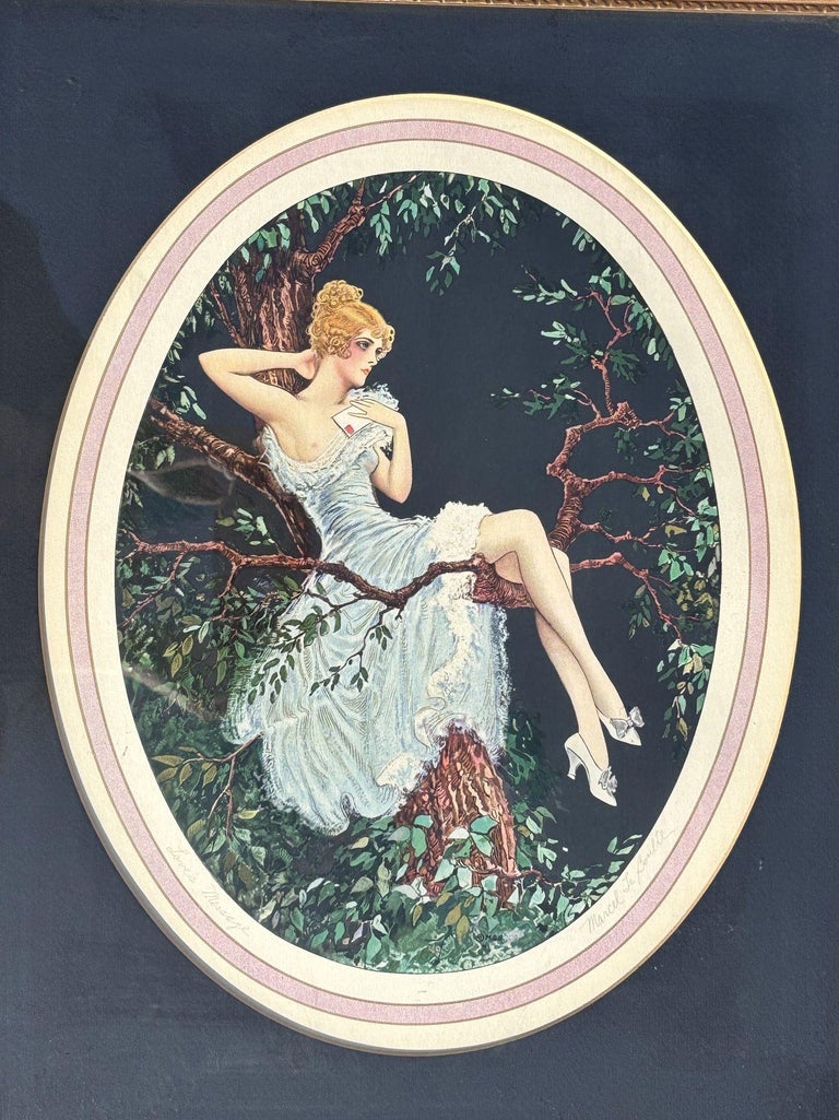 1920's Framed French Artwork "Lovers Message" by Marcel Le Boulte