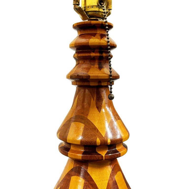 Mid-Century Hand Turned Segmented Marquetry Inlay Mosaic Table Lamp w/ Shade