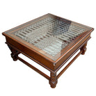 Anglo-Indian Modern Carved Sheesham Wood, Glass & Iron Window Coffee Table