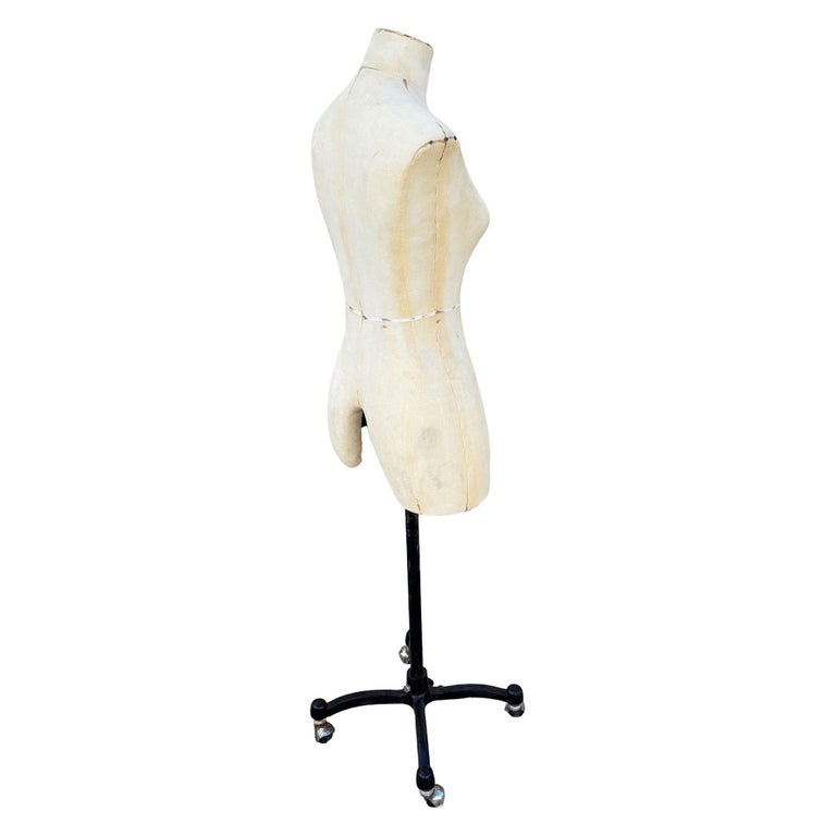 Adult Female White Linen Dress Form Mannequin on Iron Base w/ Wheels Size 8