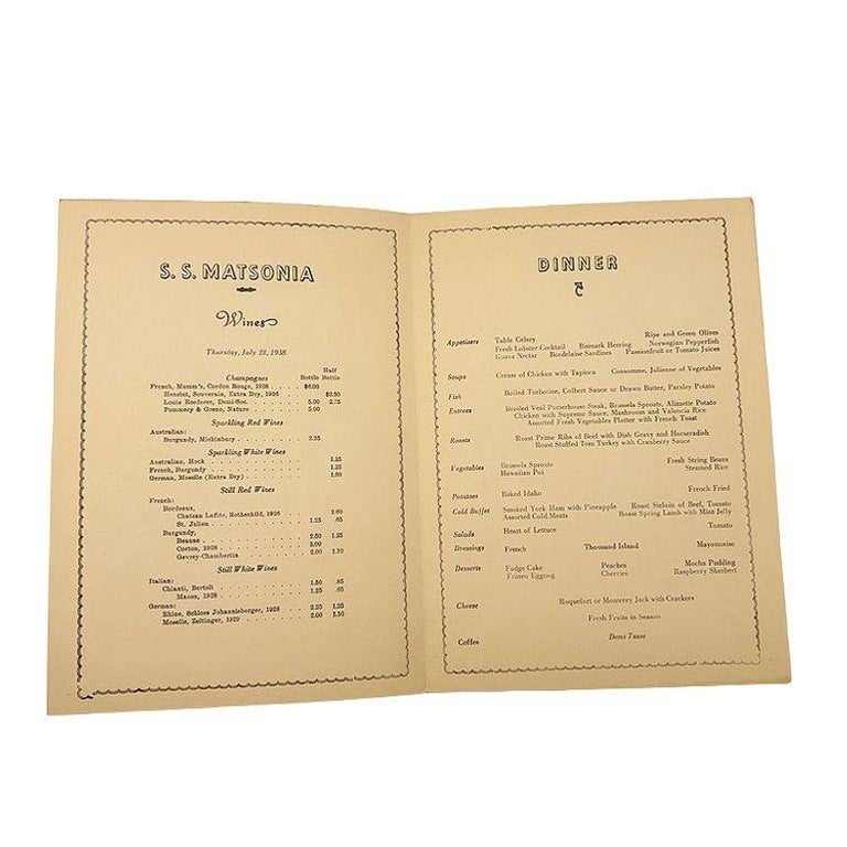 1938 SS Mariposa Dinner Menu for Matson Lines Artwork by Frank Mcintosh