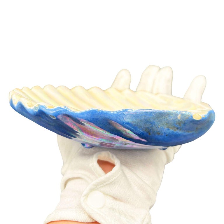 Large 8" Mid-century Rainbow Iridescent Ceramic Clam Shell Tropical Ashtray