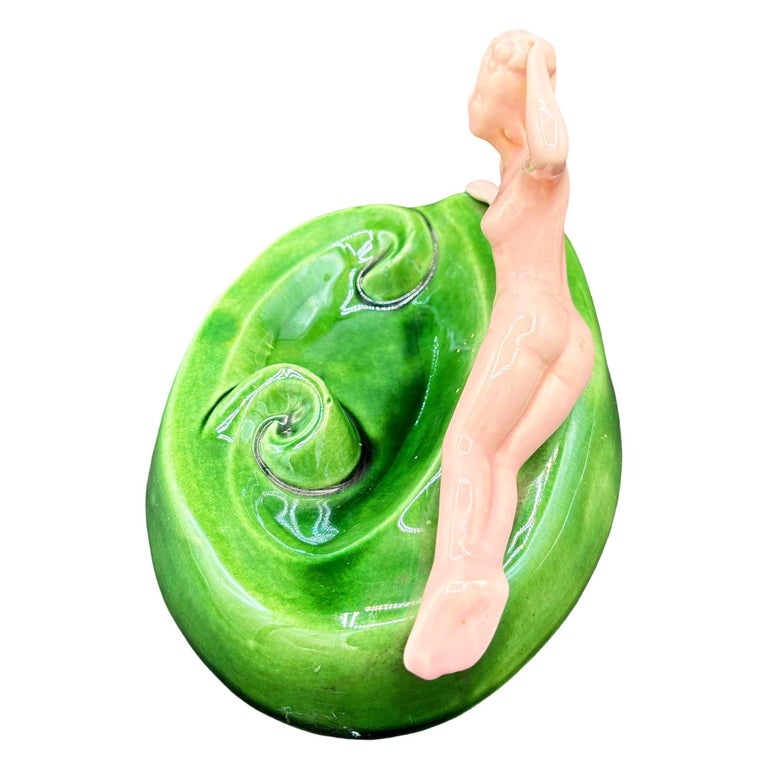Mid-century Pink & Green Nude Lounging Female Ceramic Ashtray Ceramic Ashtray