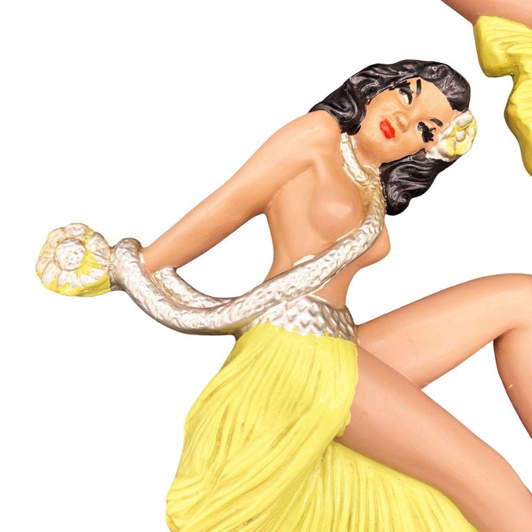 MCM Hawaiian Art Pottery Nude Pin-up Yellow Hula Girl Wall Sculpture, Pair