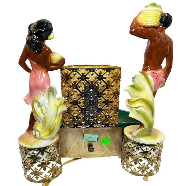 Mid-Century Hawaiian Themed Brass & Ceramic TV Lamp & Planter by Sierra Columbia