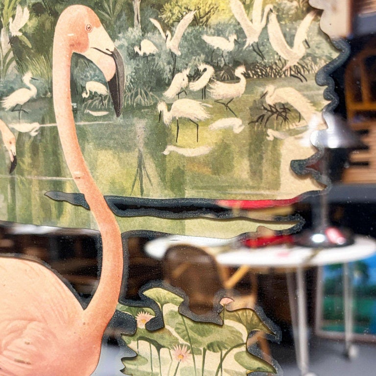 Rare Lithagraph Printed Pink Flamingo Framed Wall Mirror Wall by R. Stern for Tu