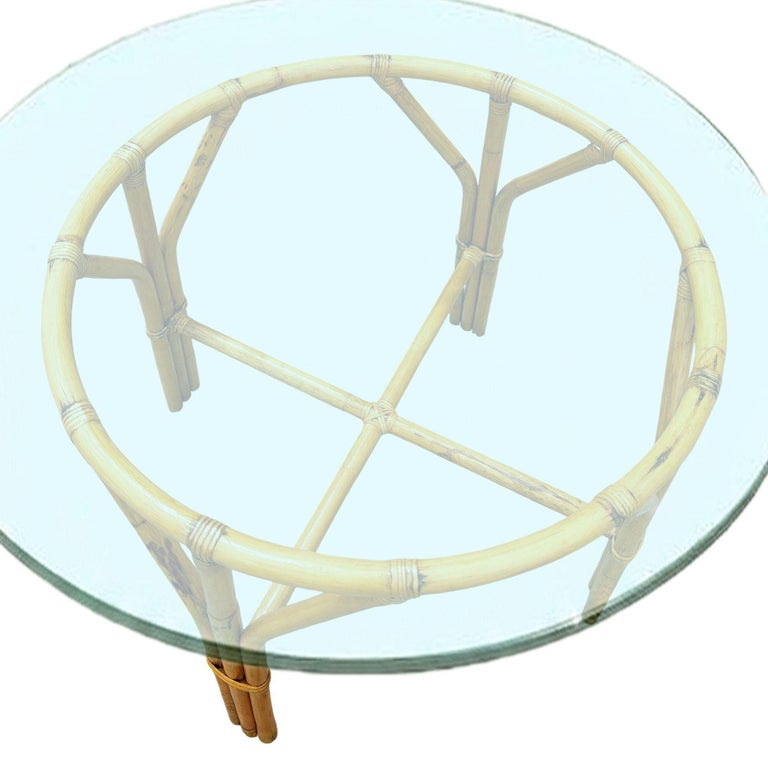Restored Mid-century Round Glass Top 3-Strand Rattan Dining Table