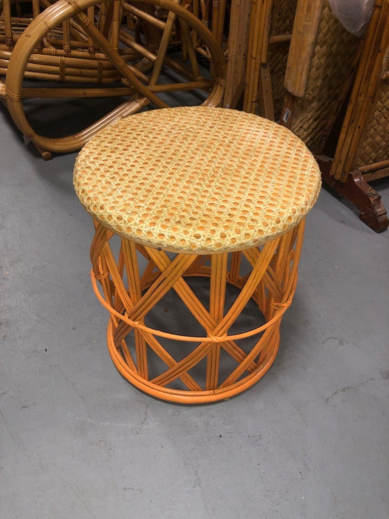 Restored Rattan Orange and Natural Cane Side Table