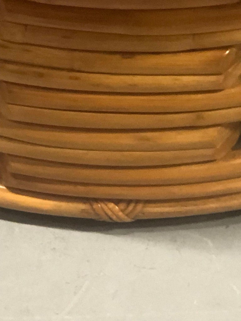 Restored Round Rattan Coffee Table with Mahogany Top