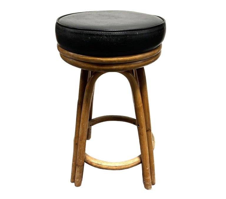 Restored Rattan Double Stand Arched Barstool w/ Black Naugahyde seat, Pair