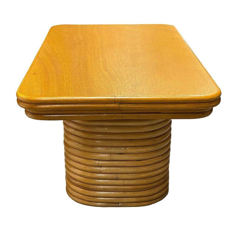 Restored Mid-century Stacked Rattan Coffee Table w/ Mahogany Top