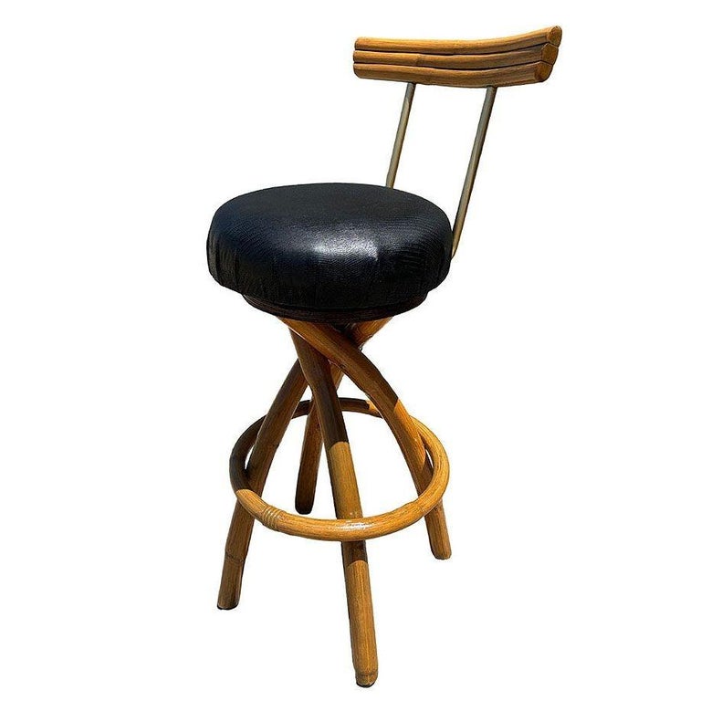 Restored Spiral Legs Rattan & Brass Barstool w/ Swivel Seats, Set of Six