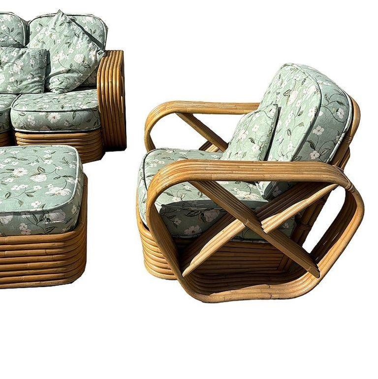 Rattan Mid-century Six-Strand Square Pretzel Sofa & Lounge Chair Livingroom Set