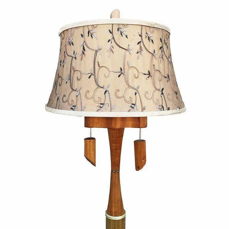 Restored High Style Koa Wood & Rattan Sculptural Floor Lamp w Ricemat Wrap, Pair
