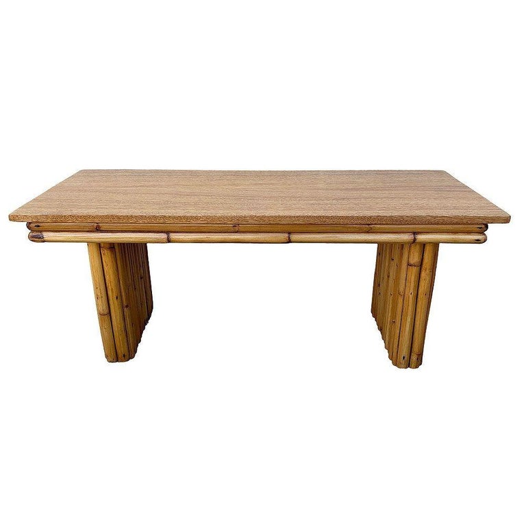 Restored Large 40" Rattan & Mahogany Coffee Table w/ Vertically Stacked Legs