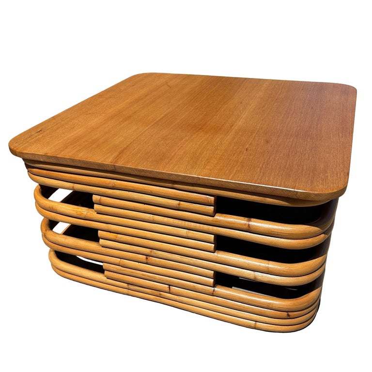 Restored MCM Stacked Rattan Coffee Table w/ Rattan Wrapped Mahogany Top