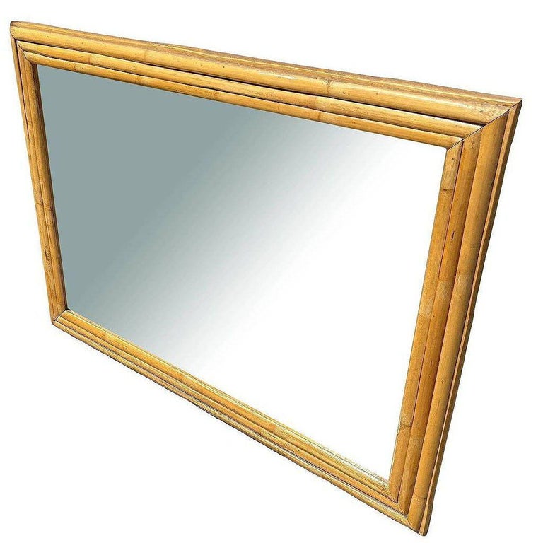 Restored 41" Mid-Century 3-Strand Rattan Frame Wall Mirror