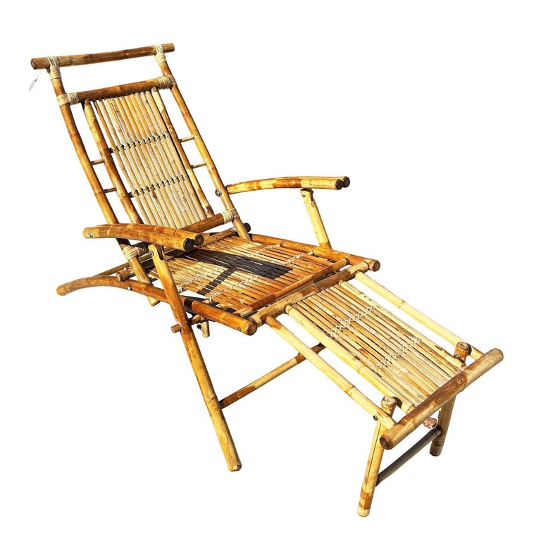 Restored Aesthetic Movement Tiger Bamboo Garden/Patio Fold Lounge Recliner, Pair