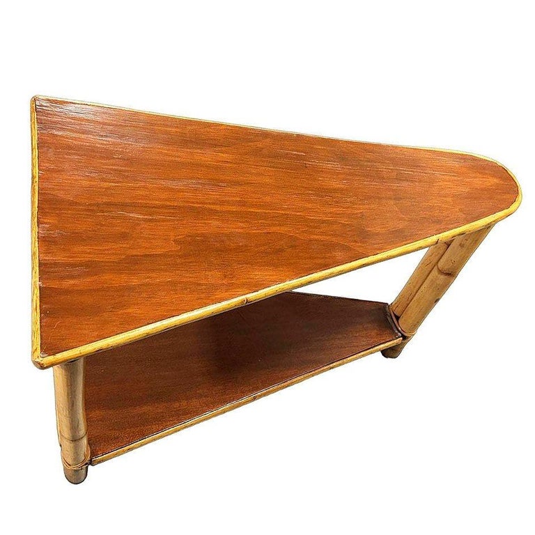 Restored Mid-century Rattan & Mahogany 2-Strand Wedge Side Table w/ Bottom Shelf